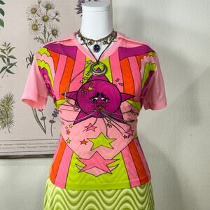 Vintage 60s 70s Psychedelic Star Graphic Disco Collared Shirt Hippie Retro Mod L